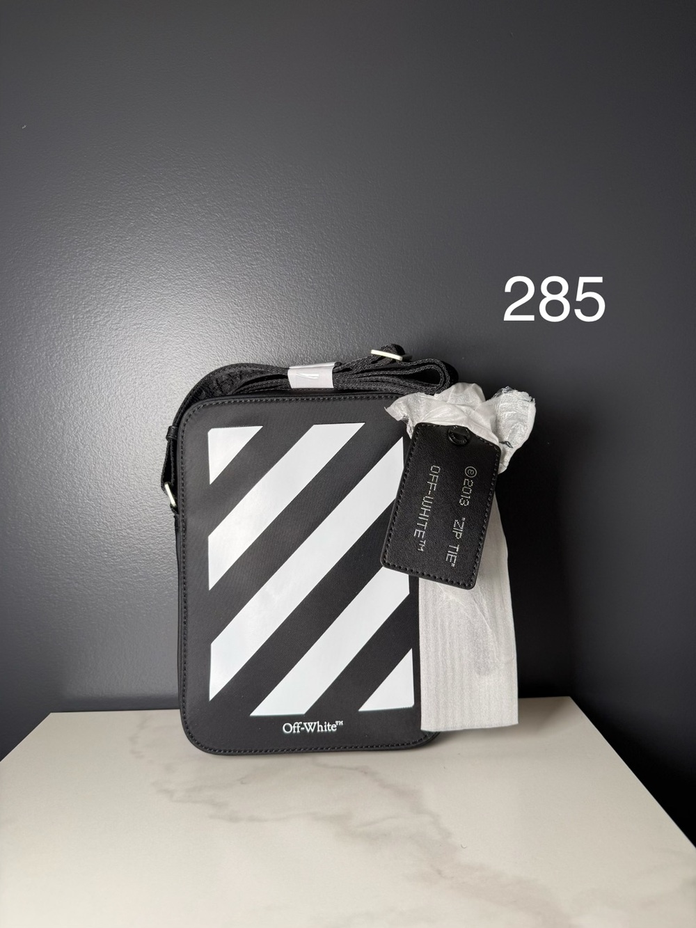 Off-White Black Crossbody with White Diagonal Stripes